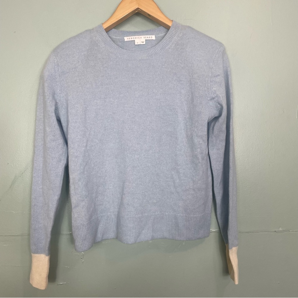Veronica Beard Jovita Cashmere Pullover Light Blue Cream Crewneck‎ Size Medium - Picture 2 of 9